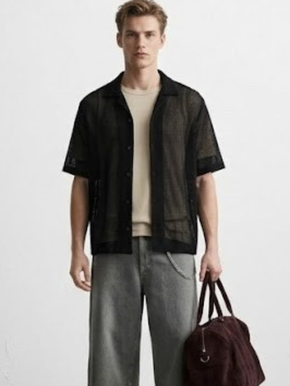 ZARA Open Weave Fabric Men's Short Sleeve Shirt Organic Cotton Black Size S NWT